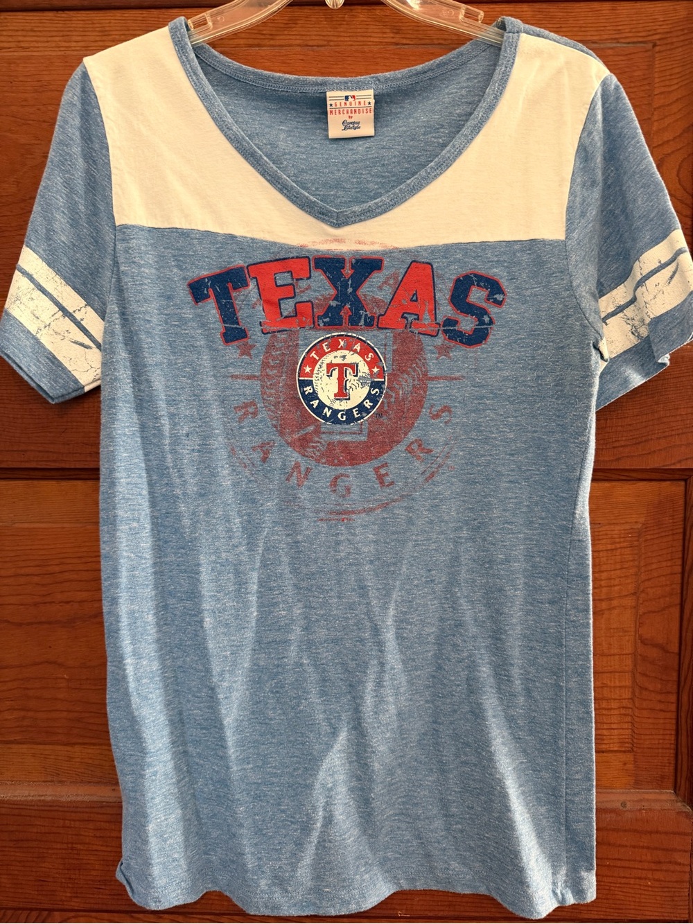 Vintage Texas Rangers Women's Light Blue V-Neck Graphic Tee